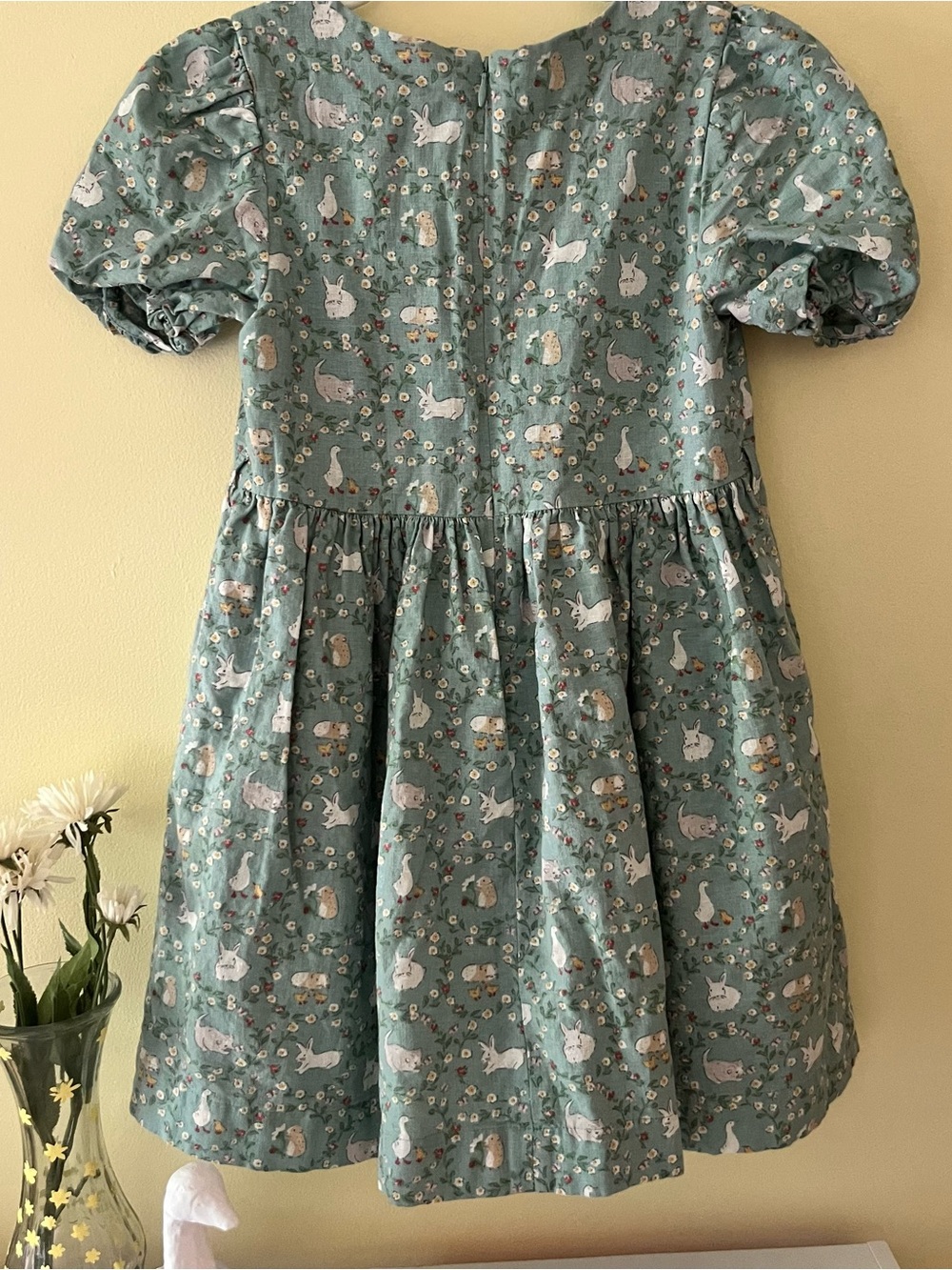 Mini Boden Linen Teal Green Bunny Goose Floral Puff-Sleeve Dress - Picture 2 of 8